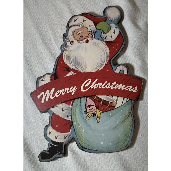 Retro Santa Merry Christmas Sign/ Picture Red And Teal Blue - Picture 5 of 5